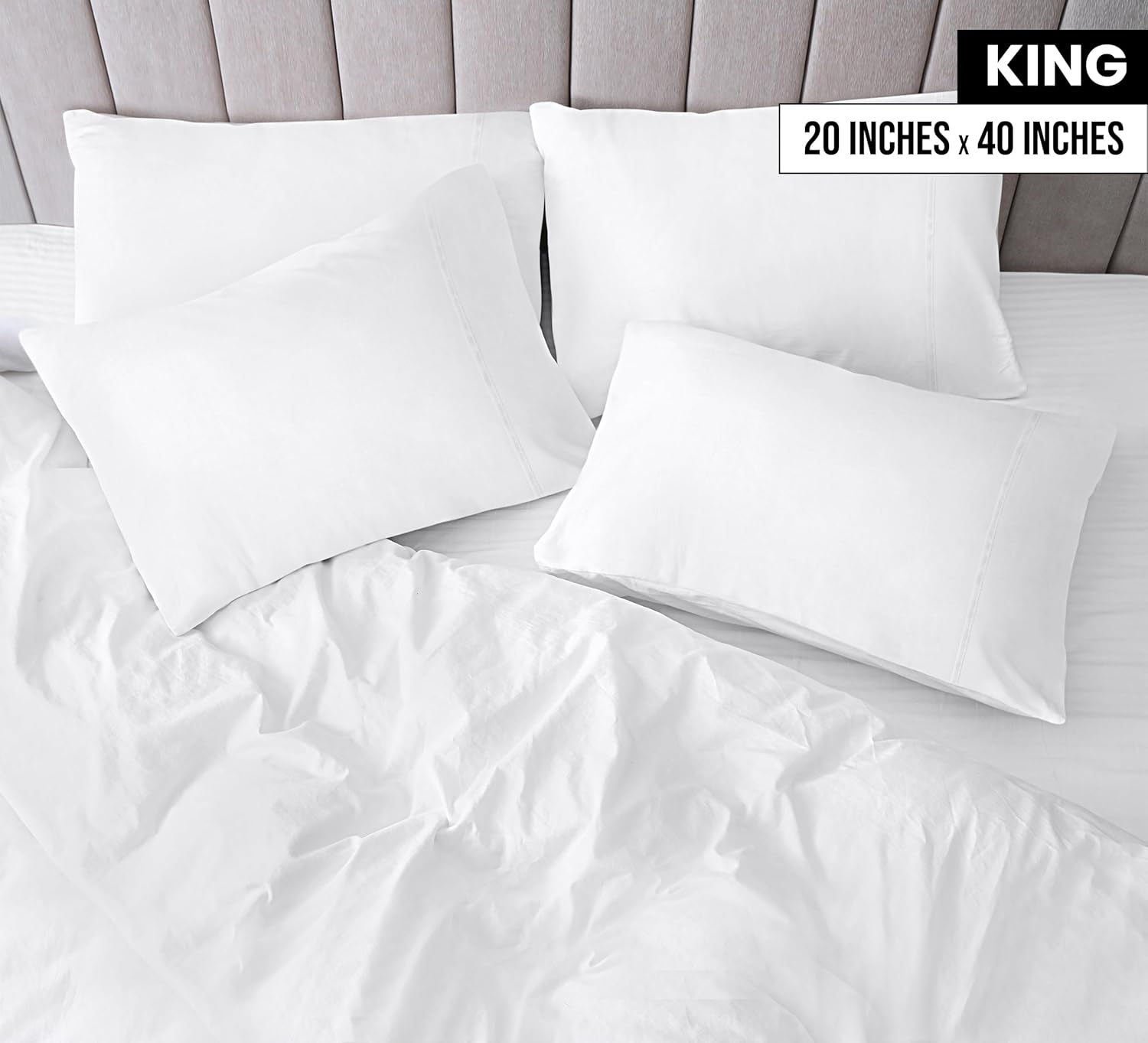 King Pillow Cases - 4 Pack - Envelope Closure - Soft Brushed Microfiber Fabric - Shrinkage and Fade Resistant Pillow Covers King Size 20 X 40 Inches (King, White)