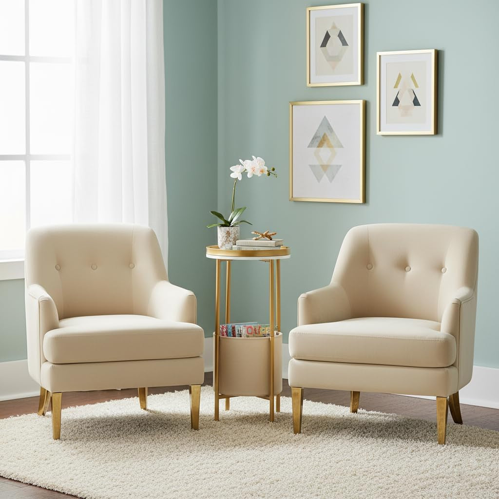 Small round Side Table with Storage Basket, 2-Tier round End Table for Living Room & Bedroom, 26" Tall Nightstand Modern Sofa End Table for Small Spaces (White Gold)
