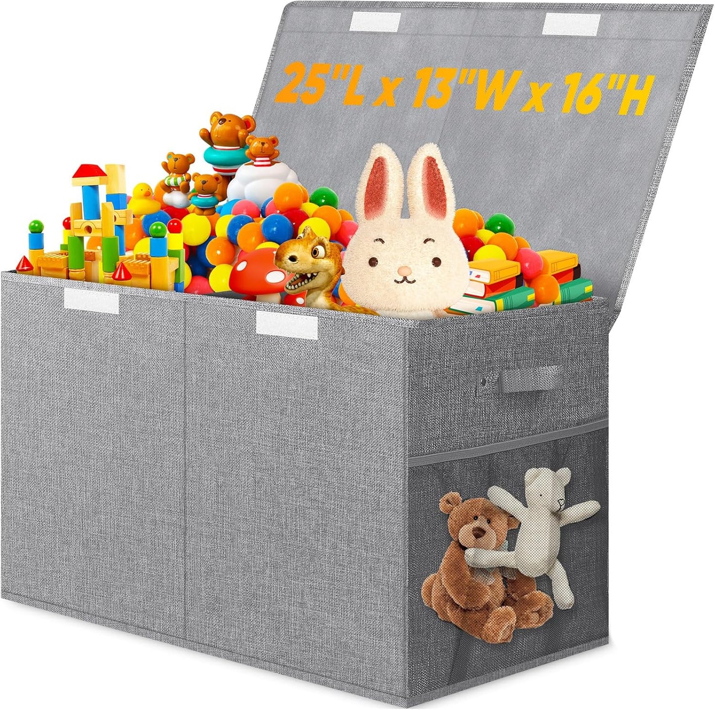 Large Toy Storage Box with Lid Divider, Sturdy Collapsible Toys Organizer Chest Kids Storage Bins Boxes Baskets for Boys, Girls, Nursery, Bedroom, Living Room, Playroom, 25"X13"X16", Gray