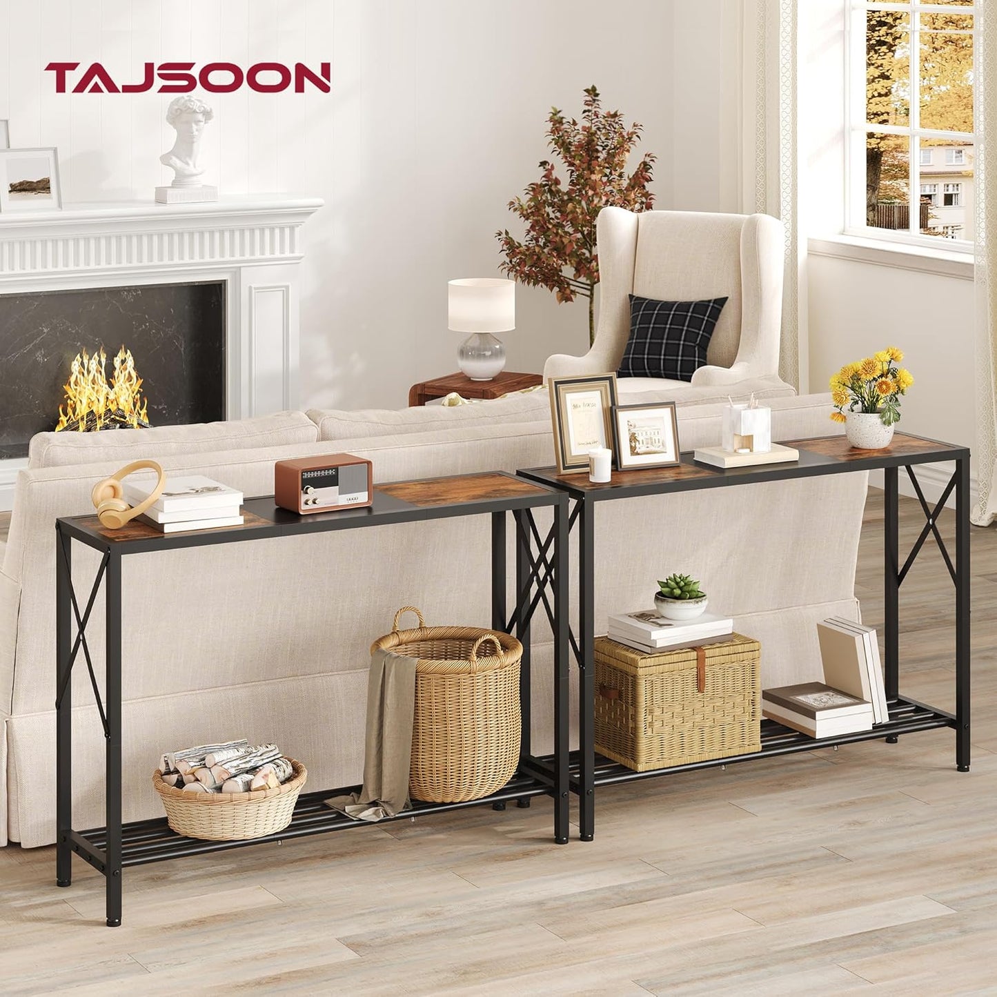 Console Table 41.8”, 2-Tier Industrial Entryway Table, Narrow Entrance Sofa Table with Shelves, Hallway, Living Room, Foyer, Corridor, Office, Rustic Brown and Black