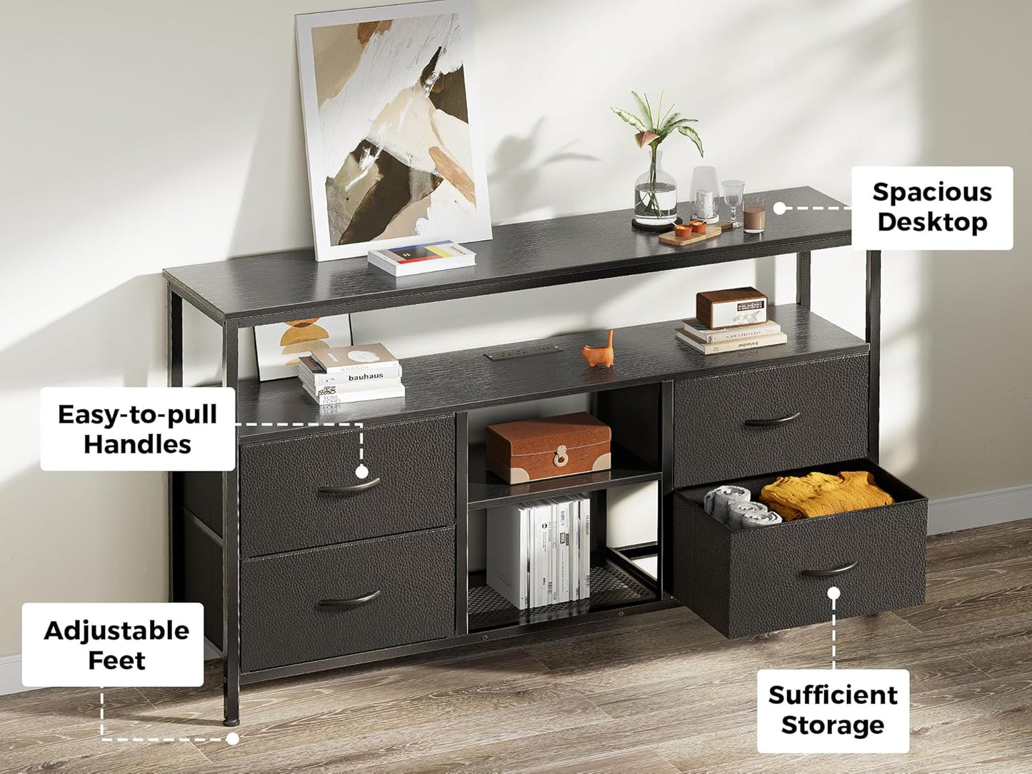 47 Inch TV Stand Dresser with Power Outlets and LED Lights, Fabric Dresser for Bedroom with Storage, 4 Drawers Entertainment Center with Open Shelf, Media Console for 55 50 Inch TV, Black