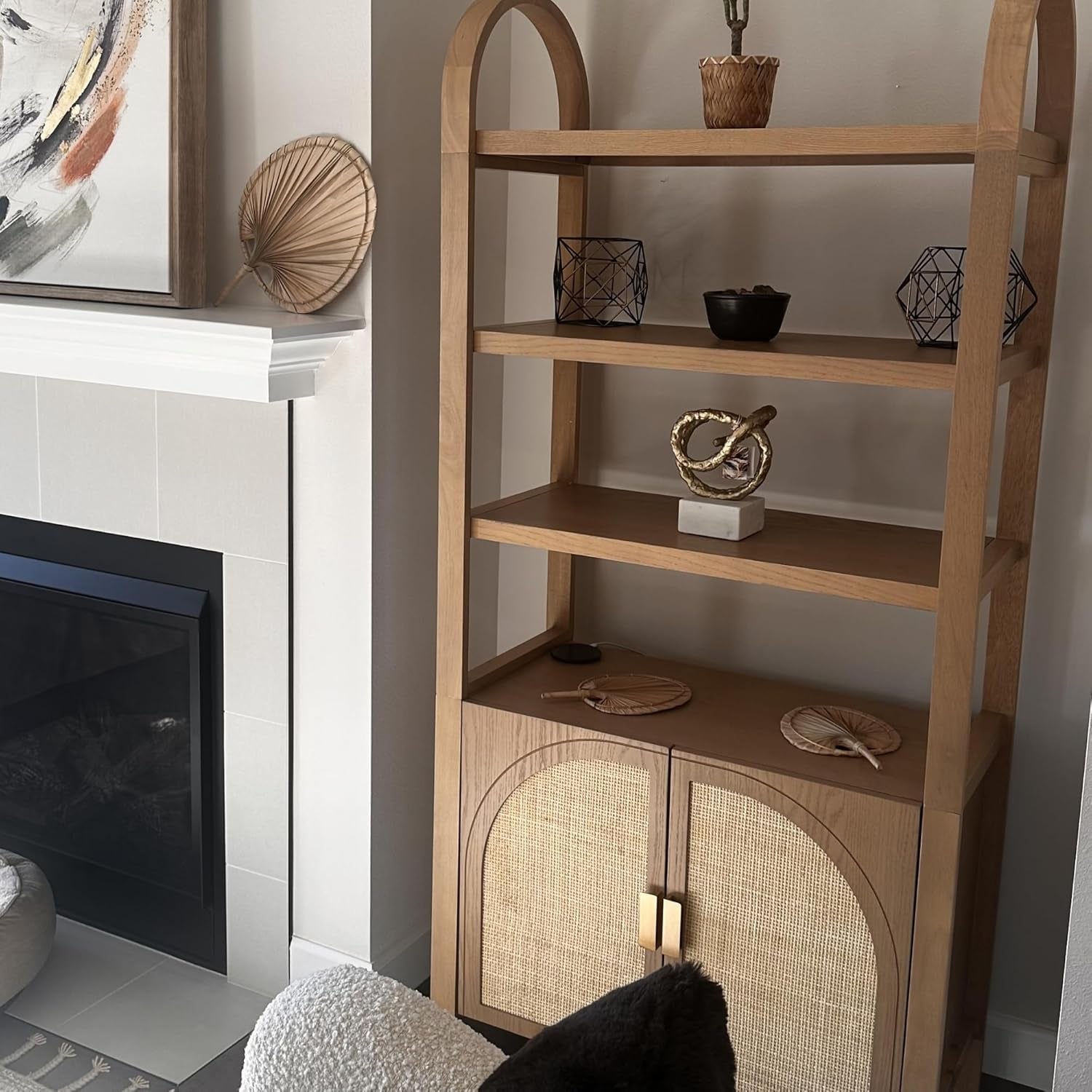 Paxton Mid-Century Modern Arched Bookshelf Cabinet with Solid Wood Frame and Rattan Base, Raw Oak