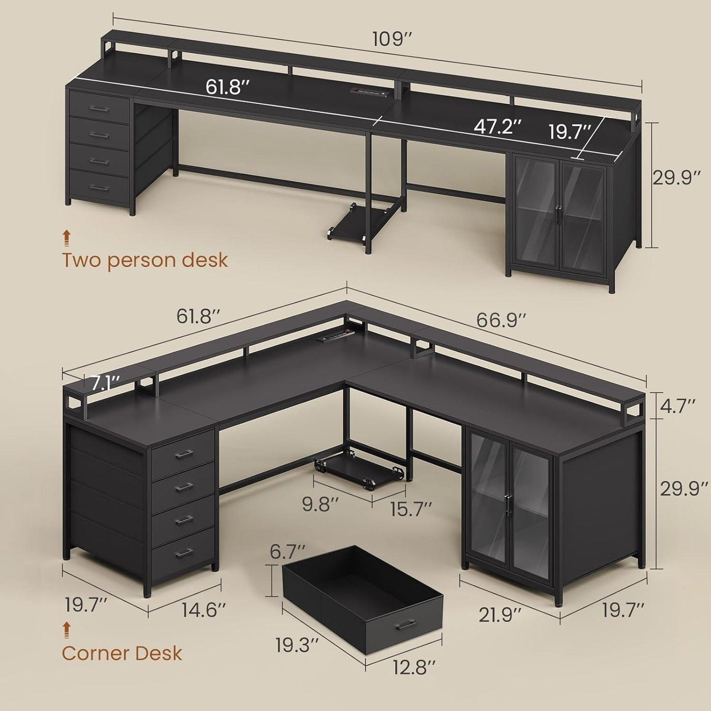 L Shaped Gaming Desk with 4 Drawers, 109” Computer Desk with Display Cabinet, Home Office Desks with 2 Monitor Stands, CPU Stand, LED Lights and Power Outlet, Black