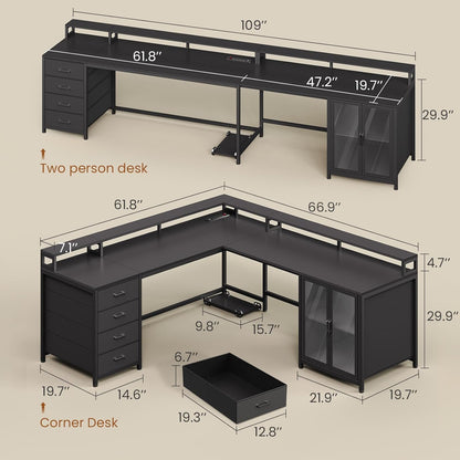 L Shaped Gaming Desk with 4 Drawers, 109” Computer Desk with Display Cabinet, Home Office Desks with 2 Monitor Stands, CPU Stand, LED Lights and Power Outlet, Black