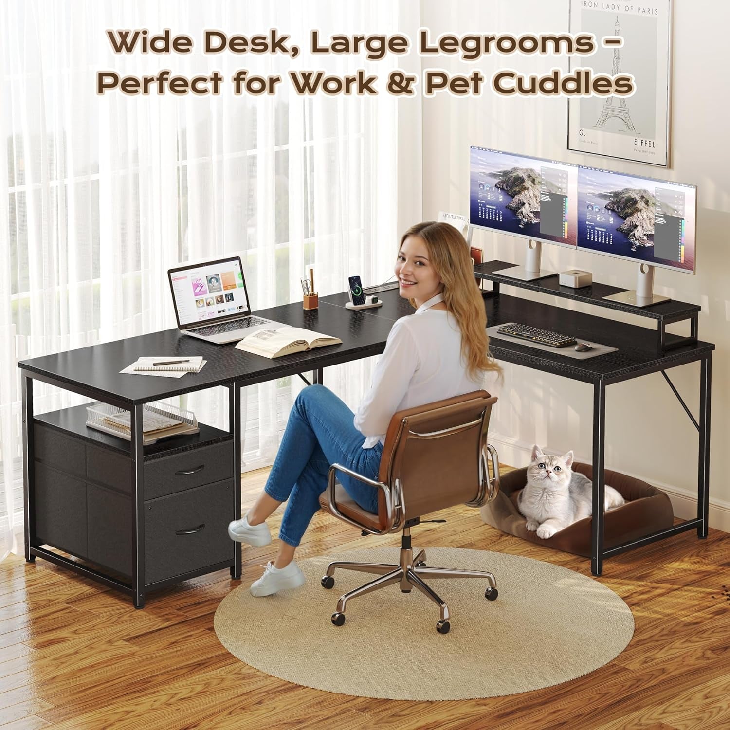 55 Inch L Shaped Desk with Power Outlets and USB-C Port, Computer Corner Home Office Desk with File Fabric Drawers and Movable Monitor Stand, Larger Storage for Gaming, Work, Black