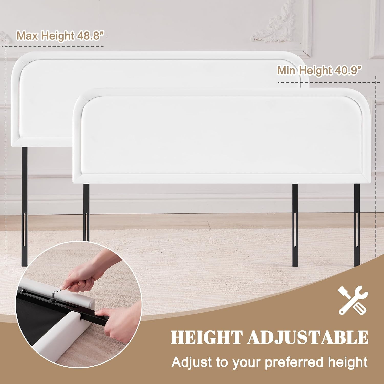 Velvet Fabric Headboard for King Size Bed, Upholstered King Headboard Only, Dorm Headboards from 41” to 49” Height, Sturdy and Durable Solid Wood Bed Head Board, White