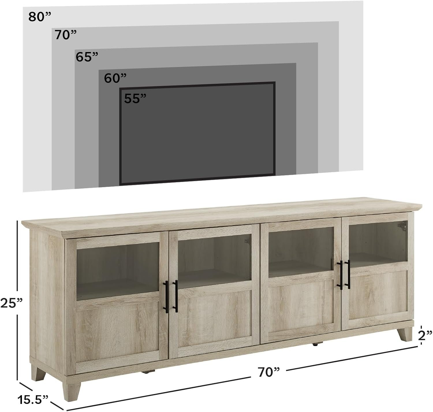 Farmhouse Glass and Wood TV Stand for Tv'S up to 80" Universal TV Stand for Flat Screen Living Room Storage Cabinets and Shelves Entertainment Center, 70 Inch, White Oak