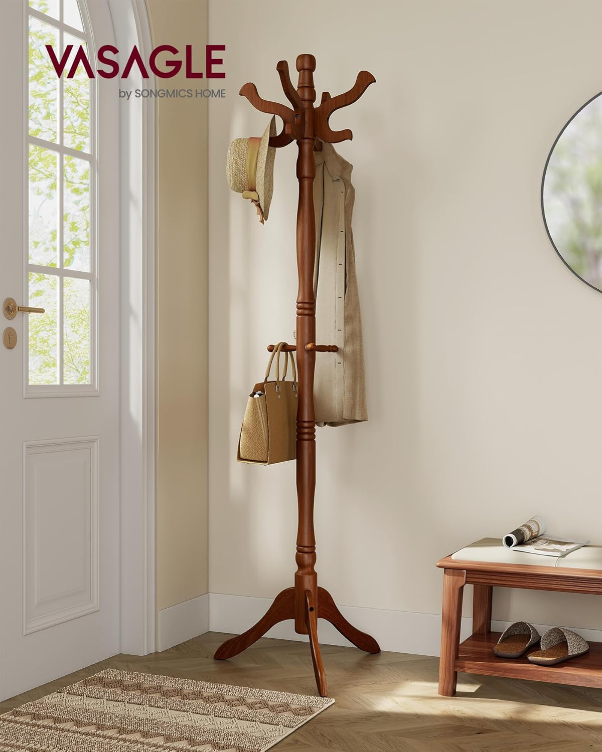 Coat Stand, Solid Wood Freestanding Coat Rack with 11 Hooks, Hall Tree for Bags, Purses, Hats, for Entryway, Hallway, Rubberwood, Caramel Brown URCR05WN