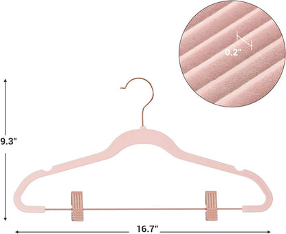 24 Pack Pants Hangers, 16.7 Inch Coat Hangers with Rose Gold Colored Movable Clips, Heavy-Duty, Non-Slip, Space-Saving, for Pants, Skirts, Dresses, Light Pink UCRF14PK24