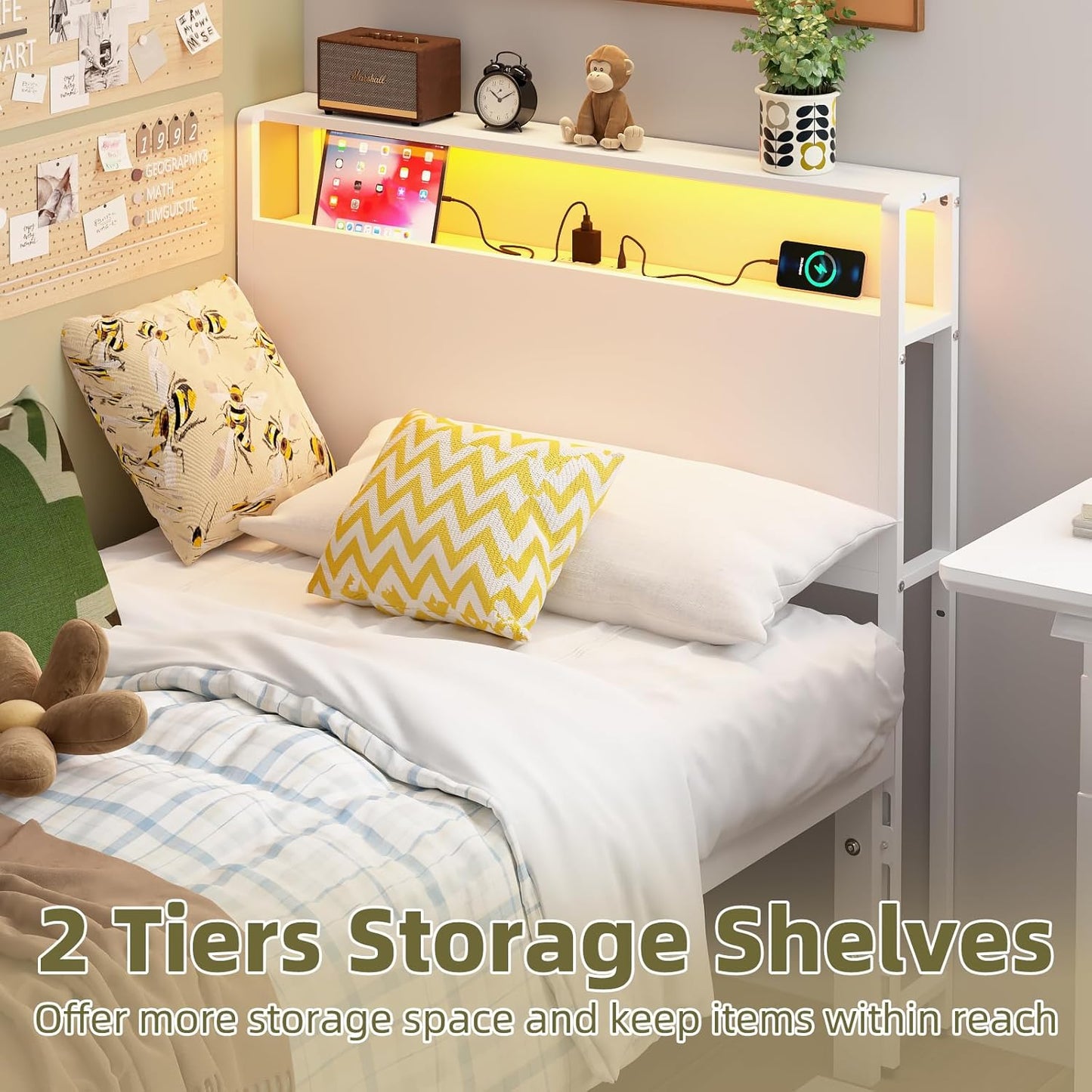 Twin Sized Headboard with 2 Tiers Storage Shelves, Sturdy and Stable Headboard with Charging Station, USB Ports and LED Light for Twin Bed Frames,White