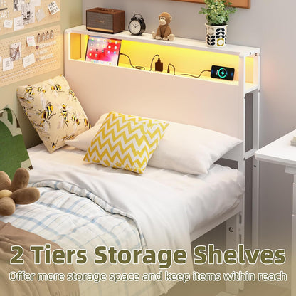 Twin Sized Headboard with 2 Tiers Storage Shelves, Sturdy and Stable Headboard with Charging Station, USB Ports and LED Light for Twin Bed Frames,White