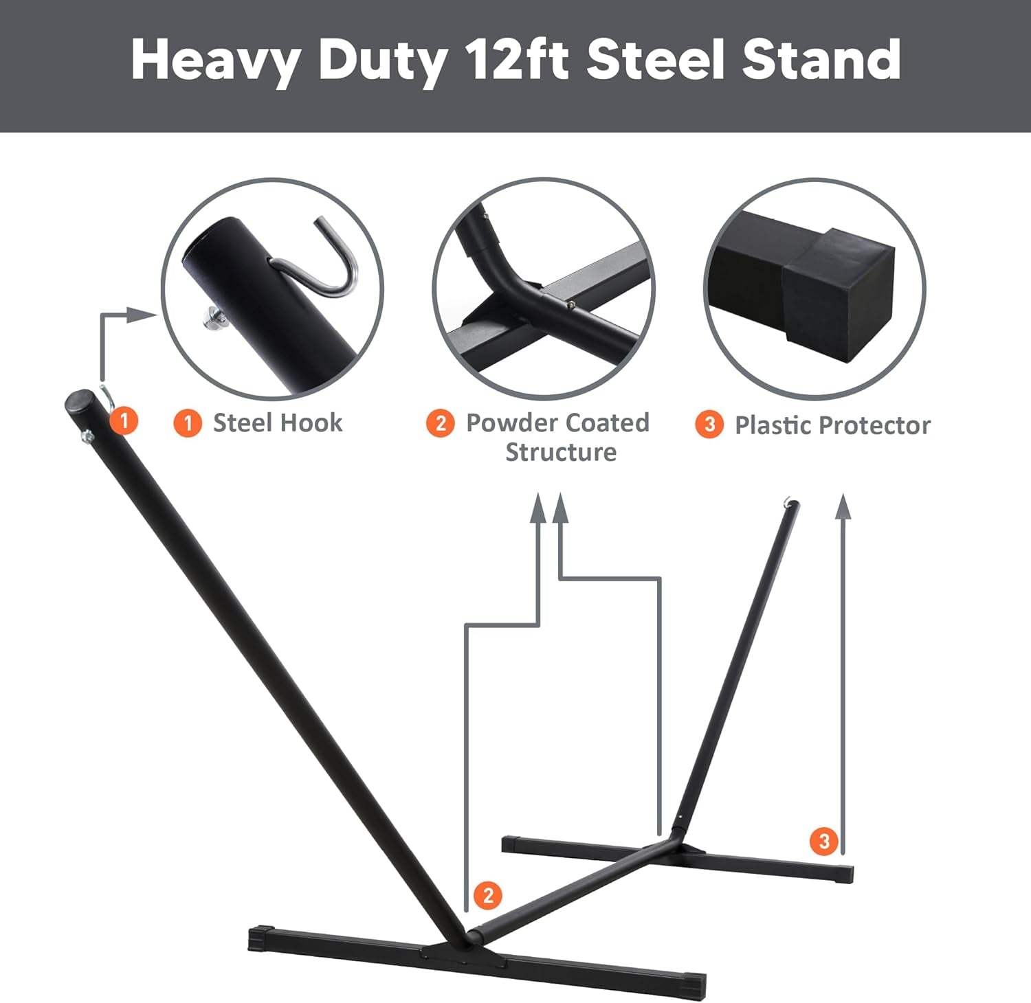 Double Portable Hammock with Stand, 2 Person Hammock with Curved Spreader Bar, Balance Ropes Included, Dark Gray