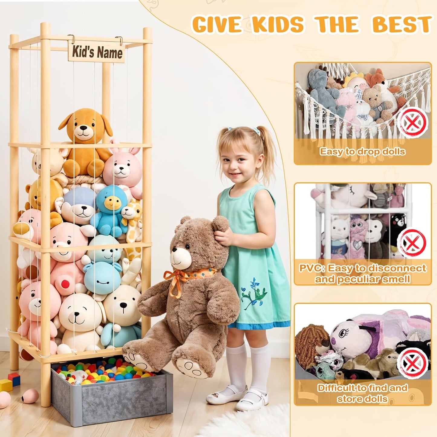 Stuffed Animal Storage with Tiny Toys Tray, 57In Large Wooden Stuffy Plushies Storage Holder Extra Large Capacity Stuffed Animals Zoo Organizer for Toddler Rooms, Playrooms & Bedrooms