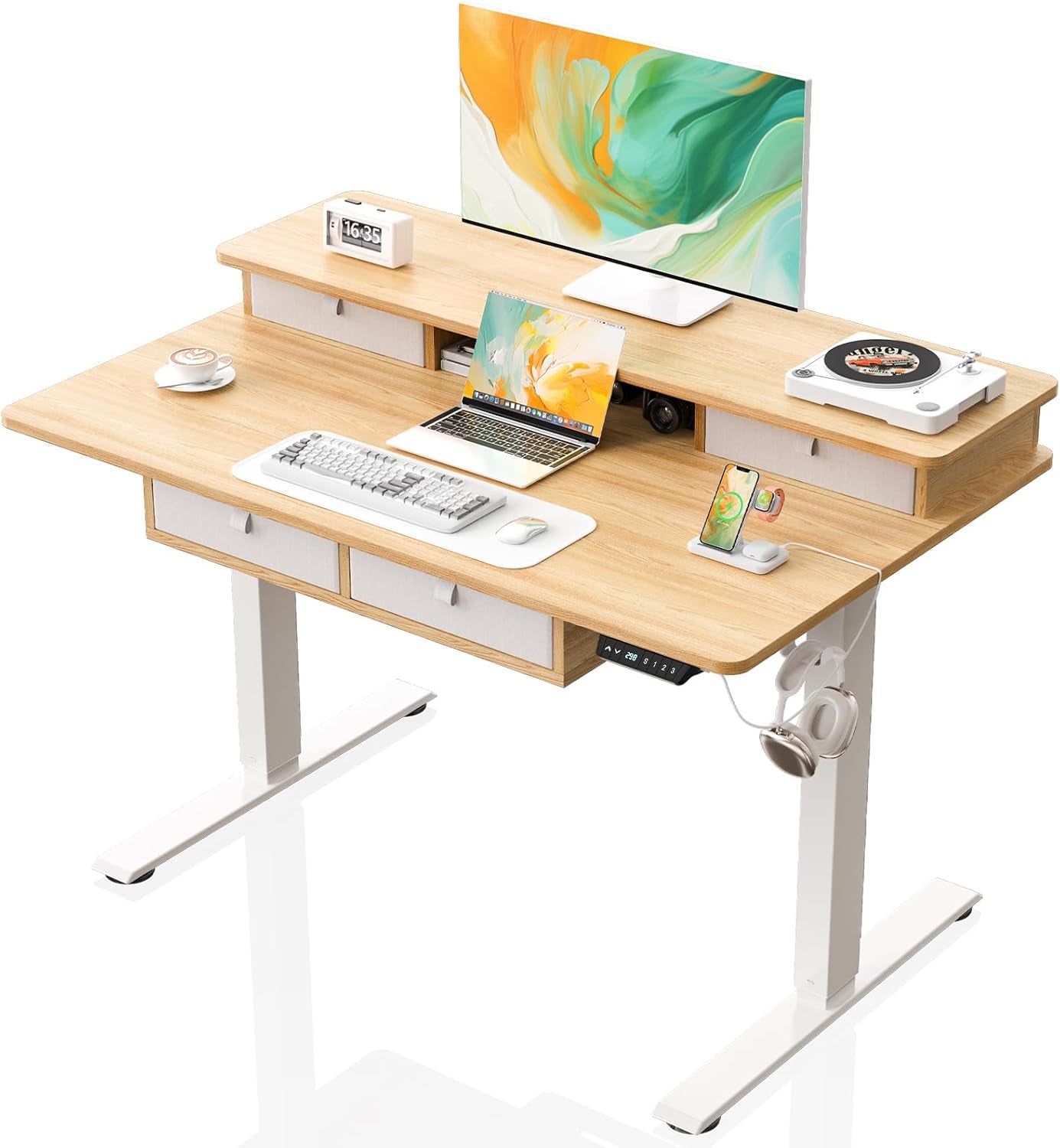 Electric Standing Desk with Drawers & USB Charging Port, 48''X 30''Adjustable Height Sit Stand up Widened Desktop Desk, Computer Office Desks with Storage for Home Workstation, 3 Memory Height Preset