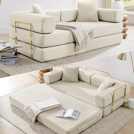 78 Inch Convertible Sleeper Sof Bed, Folding Floor Mttress Couch with Fixed-Shpe Frme, Futon Boneless Couch Lounge Loveset with Pull Out Bed, No ssembly Required (Beige)