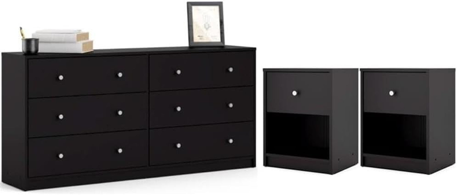 3 Piece Bedroom Set with 6-Drawer Double Dresser and Two of 1-Drawer Nightstand in Black