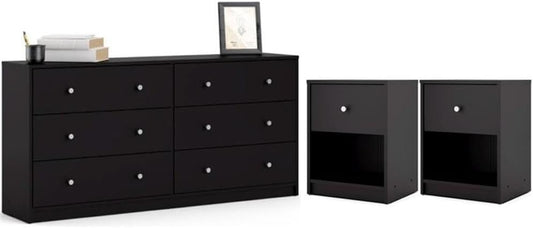 3 Piece Bedroom Set with 6-Drawer Double Dresser and Two of 1-Drawer Nightstand in Black
