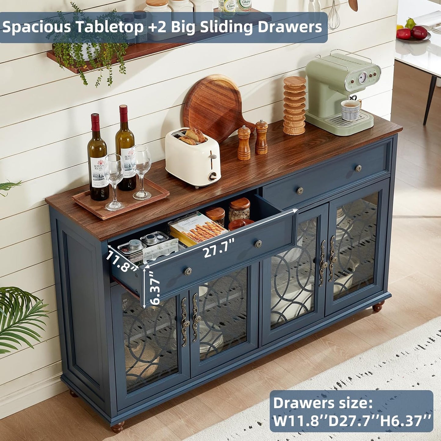 Farmhouse Sideboard Buffet Cabinet with Storage,59" Large Credenza with 4 Glass Doors & 2 Drawers,Adjustable Shelves Console Table,Wood Kitchen Coffee Bar for Dining Room,Living Room,Navy Blue