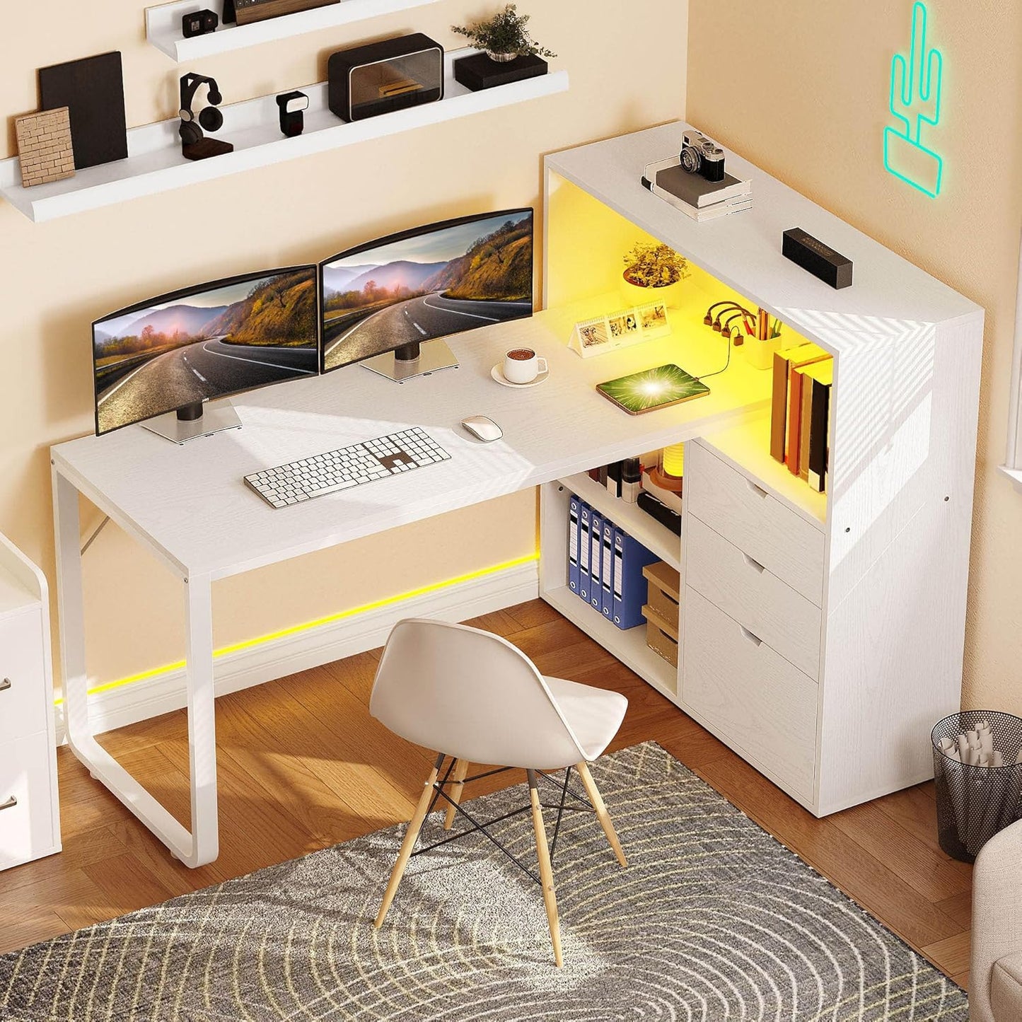 L Shaped Desk with Power Outlets, 55" Computer Desk with Drawers & Bookshelf, Home Office Desk with LED Lights, Corner Desk with File Cabinet, White