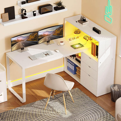 L Shaped Desk with Power Outlets, 55" Computer Desk with Drawers & Bookshelf, Home Office Desk with LED Lights, Corner Desk with File Cabinet, White