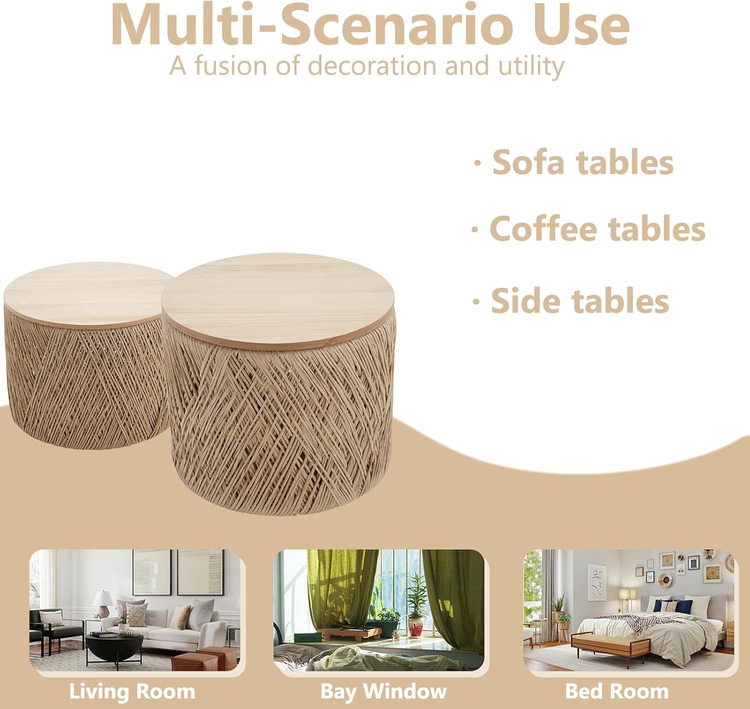 24" round Wood Nesting Coffee Table Set of 2 Handcraft Woven & Rope Rattan Sofa Tables Both with Storage Drum End Side Table for Small Space Living Room No Assembly Needed, Natural Color