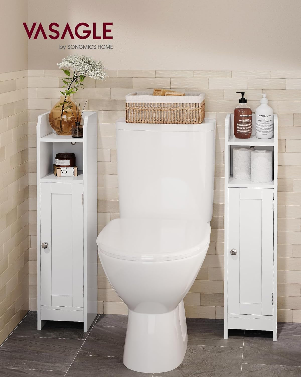 Small Storage Corner Floor Cabinet with Door, 7.9 X 7.1 X 31.5 Inches, Narrow Toilet Paper Storage Holder, Adjustable Shelves, for Bathroom, Living Room, Small Spaces, Cloud White UBBC310W01