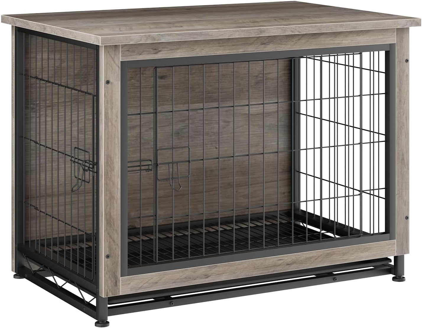 Wooden Crate Furniture, Double-Doors Indoor Kennel Table, Dog House, Cage/Grey/M