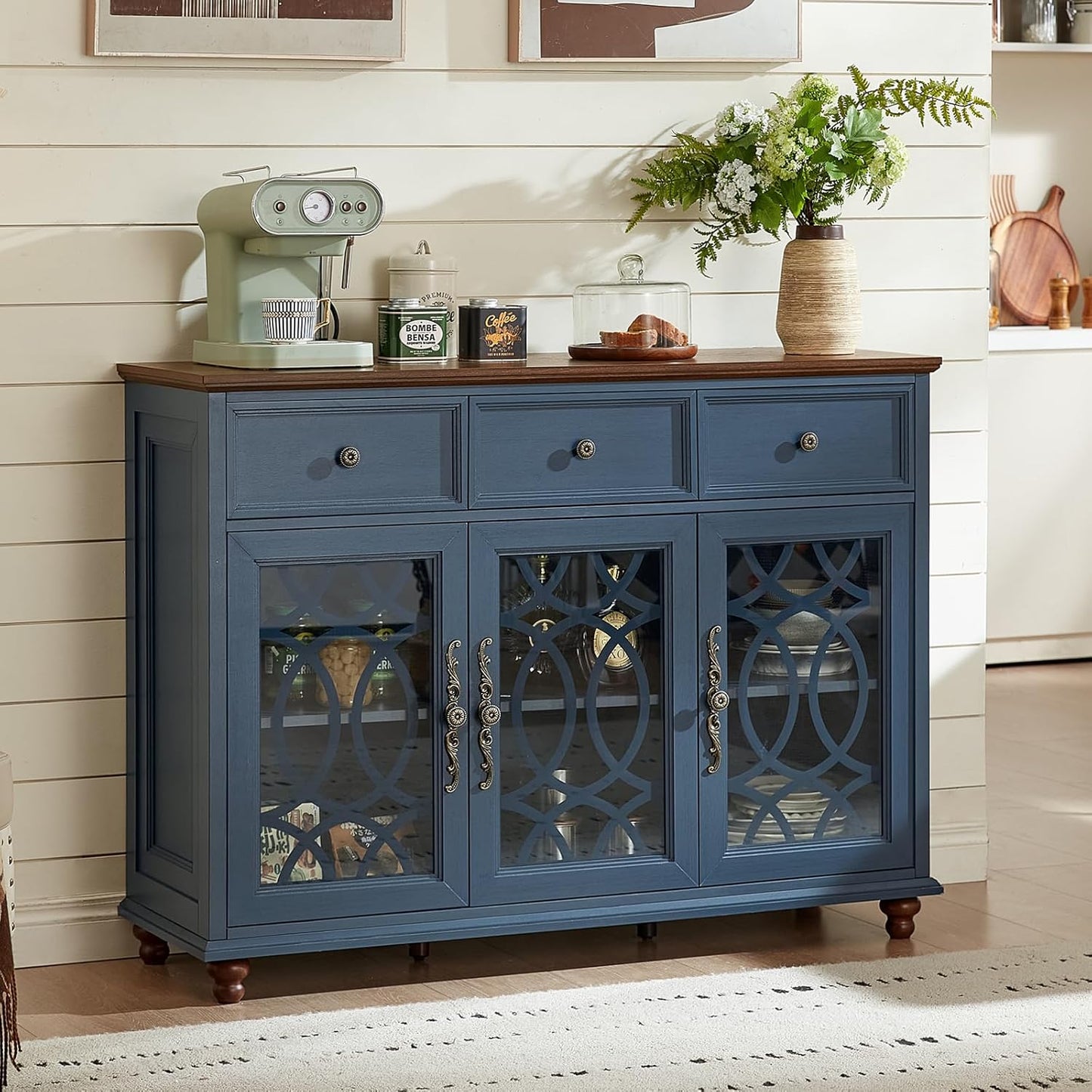 Farmhouse Sideboard Buffet Cabinet with Storage,48" Large Credenza with 3 Glass Doors & 3 Drawers,Adjustable Shelves Console Table,Wood Kitchen Coffee Bar for Dining Room,Living Room,Navy Blue