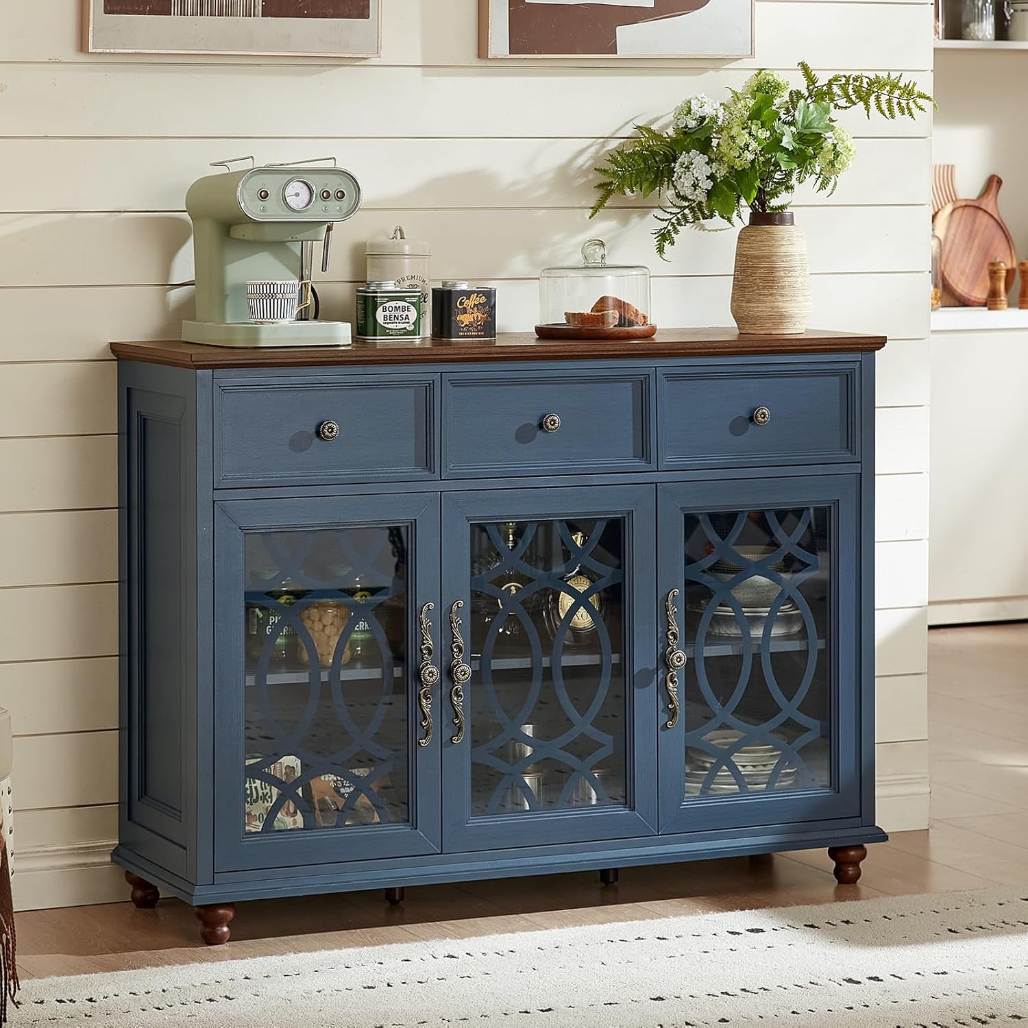 Farmhouse Sideboard Buffet Cabinet with Storage,48" Large Credenza with 3 Glass Doors & 3 Drawers,Adjustable Shelves Console Table,Wood Kitchen Coffee Bar for Dining Room,Living Room,Navy Blue