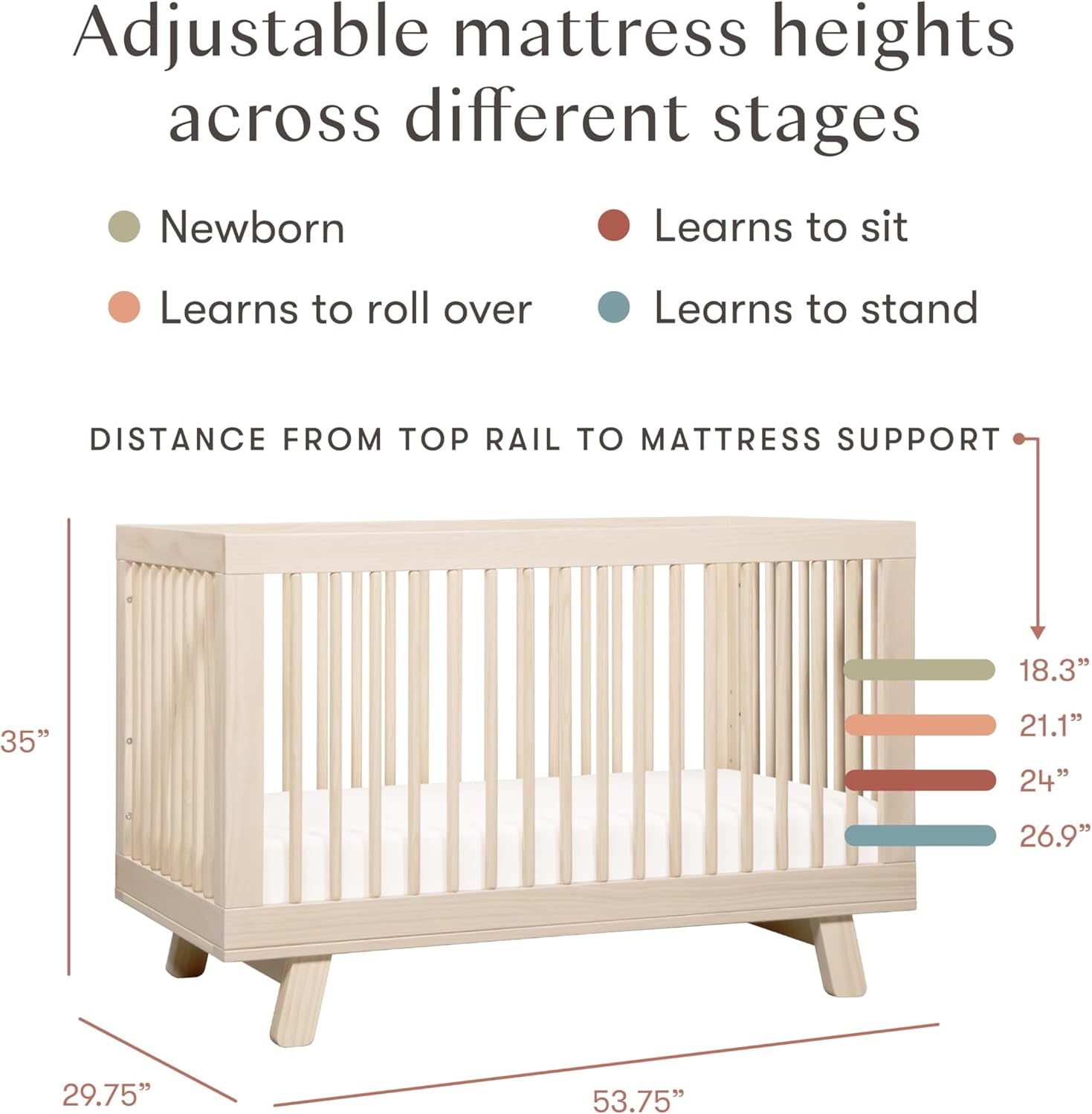 Hudson 3-In-1 Convertible Baby Crib - GREENGUARD Gold Certified - Convertible Crib to Toddler Bed and Daybed - Baby Bed with 4 Adjustable Heights - Wooden Crib - Washed Natural