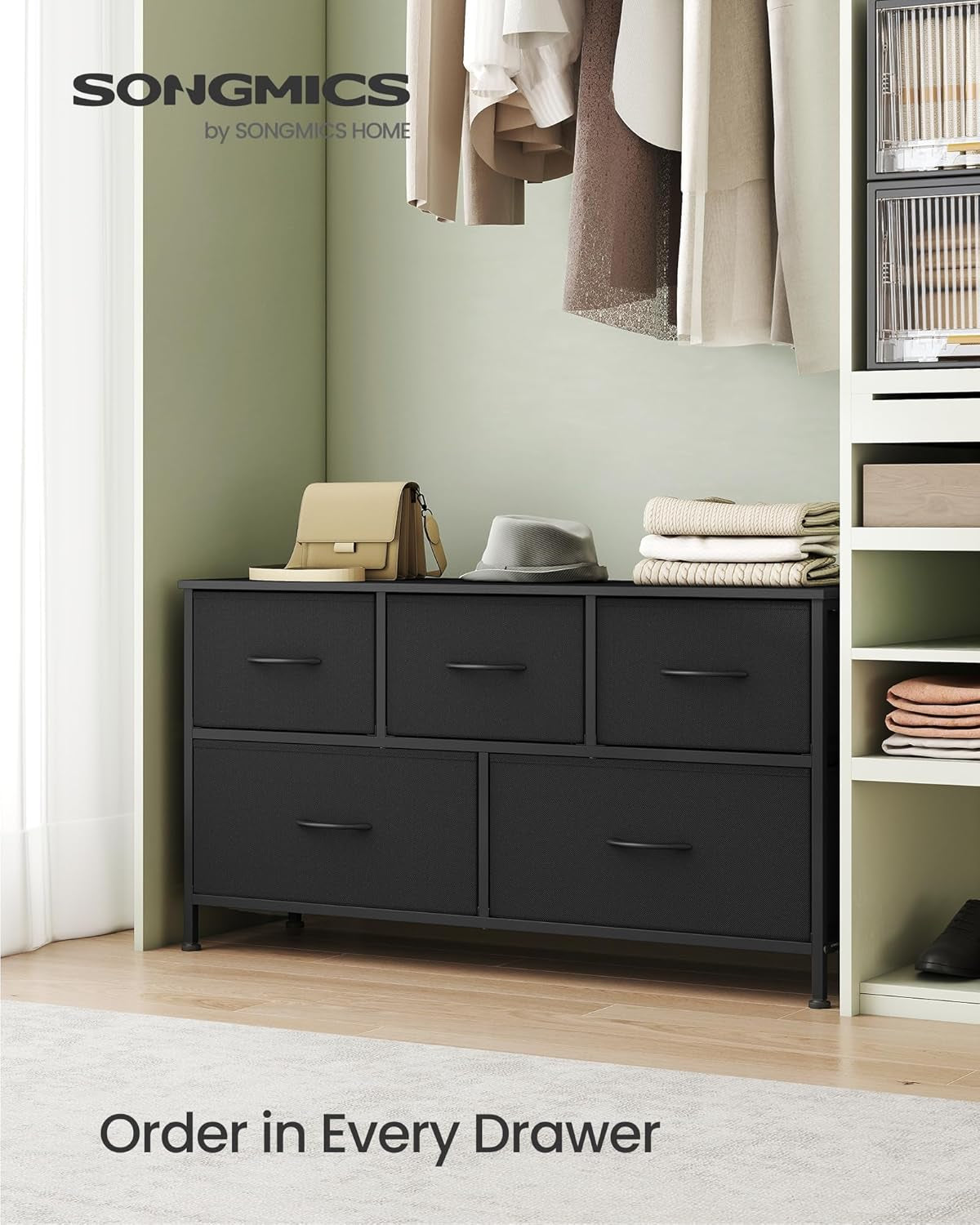 Dresser for Bedroom, Chest of Drawers, TV Stand, Steel, MDF, 5 Non-Woven Fabric Drawers, Storage Organizer Unit, Closet, Entryway, Ink Black and Ebony Black ULGS322B01S