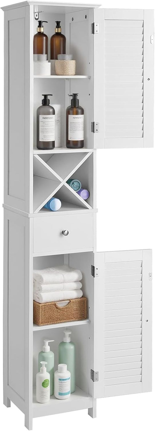 Bathroom Tall Cabinet, Freestanding Storage Cabinet with Shutter Doors, Drawer, and Removable X-Shaped Stand, 11.8 X 12.6 X 66.9 Inches, Scandinavian Style, White UBBC69WT
