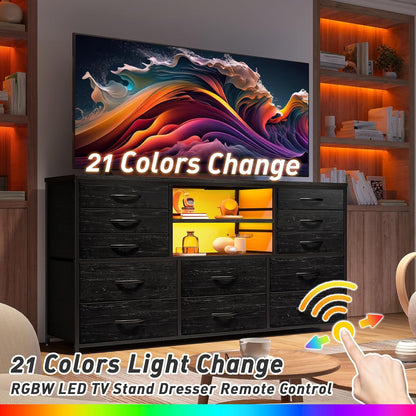 Black Dresser with LED Lights & Charging Station, TV Stand for 60'' TV, Wide Dressers & Chest of Drawers with Open Shelves, Living Room, Hallway, Study