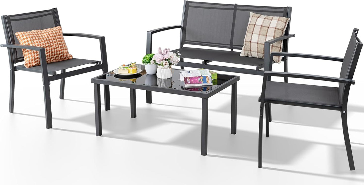 4 Pieces Patio Furniture Set All Weather Textile Fabric Outdoor Conversation Set, with Glass Coffee Table, Loveseat, 2 Single Chairs for Home, Garden, Lawn, Porch（Gray）
