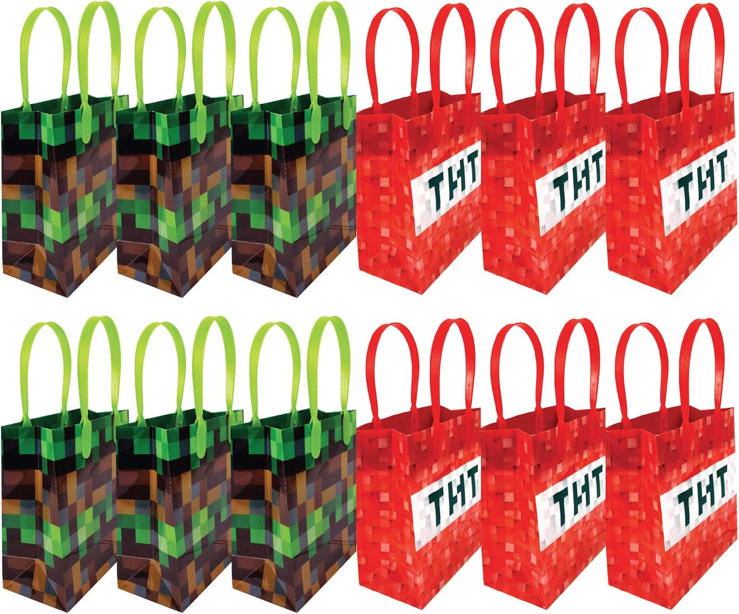 Pixel Miner Party Favor Set of 60 Pcs (12 Party Favor Treat Goody Bags with Handles, 24 Self-Ink Stamps for Kids, 12 Multi-Point Pencils, 12 Small Spiral Notepads)