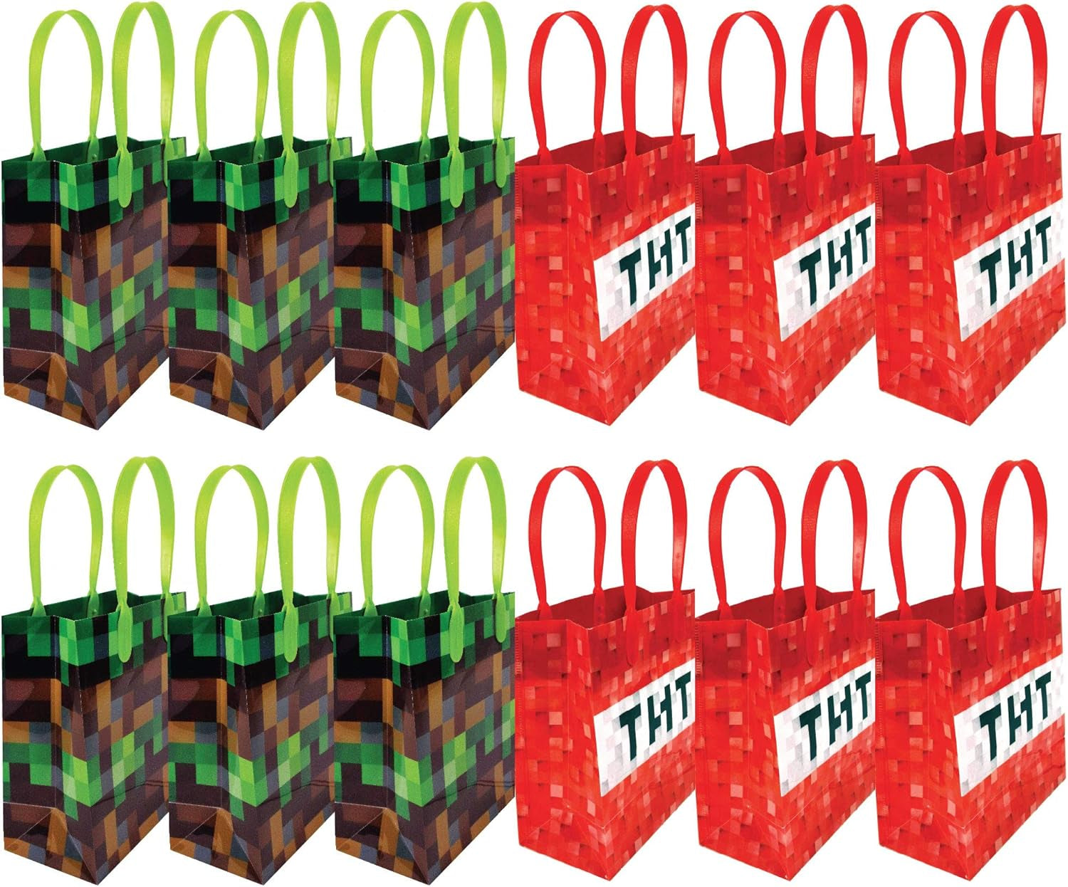 Pixel Miner Party Favor Set of 60 Pcs (12 Party Favor Treat Goody Bags with Handles, 24 Self-Ink Stamps for Kids, 12 Multi-Point Pencils, 12 Small Spiral Notepads)