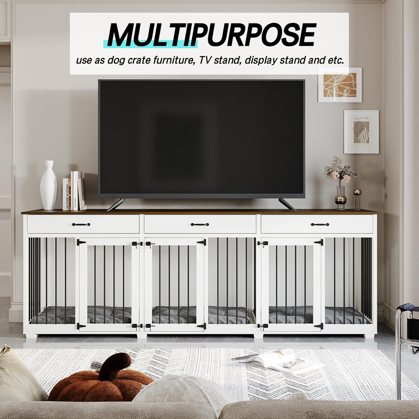 Dog Crate Furniture - Indoor Wooden Dog Kennel Crate Furniture with 2 Dividers, 3 Drawers, and 3 Lockable Doors, 95"X23.6"X31.5"H, White