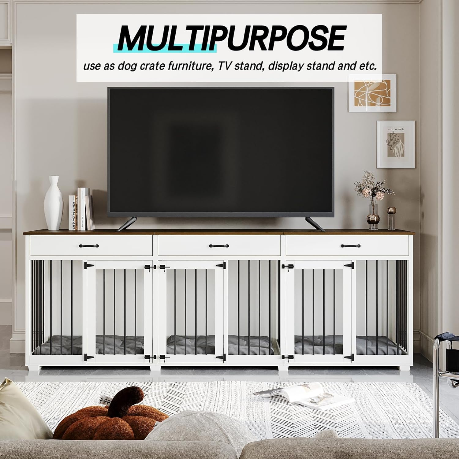 Dog Crate Furniture - Indoor Wooden Dog Kennel Crate Furniture with 2 Dividers, 3 Drawers, and 3 Lockable Doors, 95"X23.6"X31.5"H, White