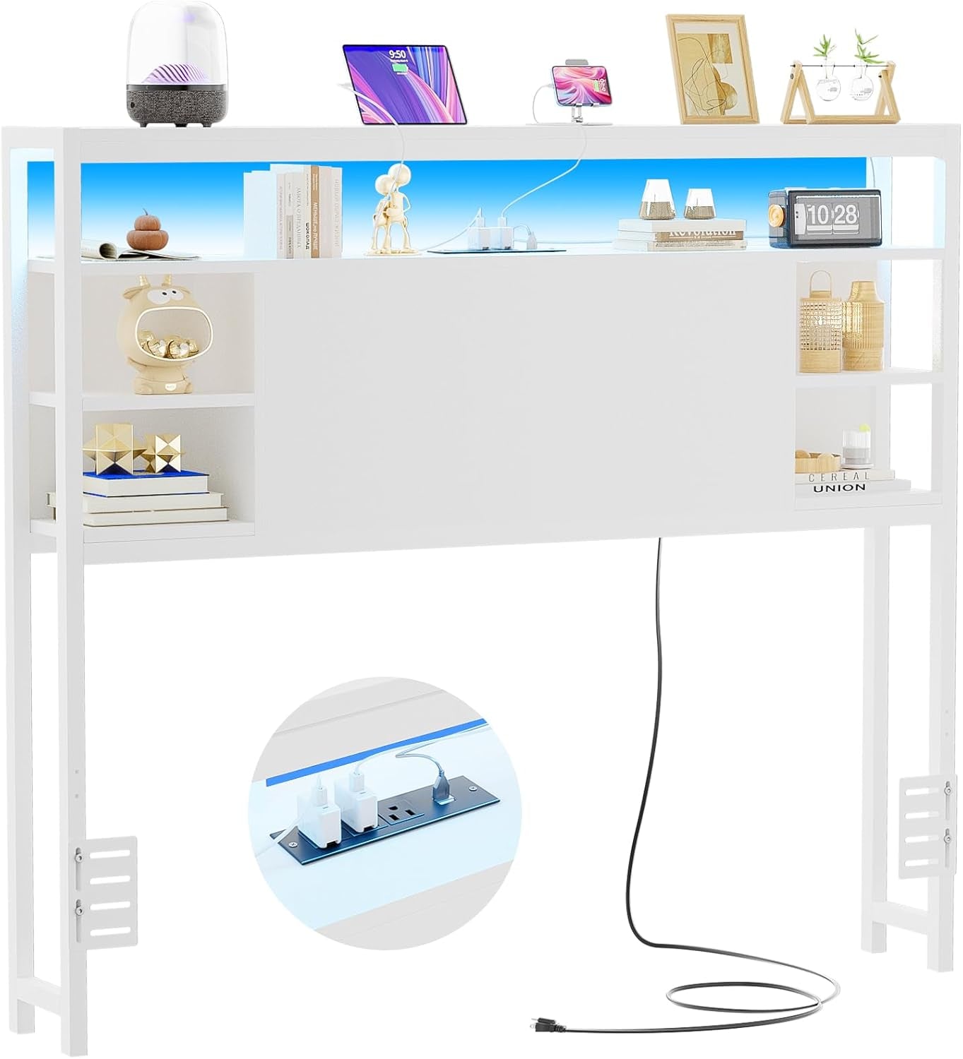 Twin Headboard with Storage, Headboard with Power Outlets and Smart LED Lights, Sturdy Head Board for Twin Size Bed, Stable Headboards Only for Bedroom, Dorm Room, Guest Room, White