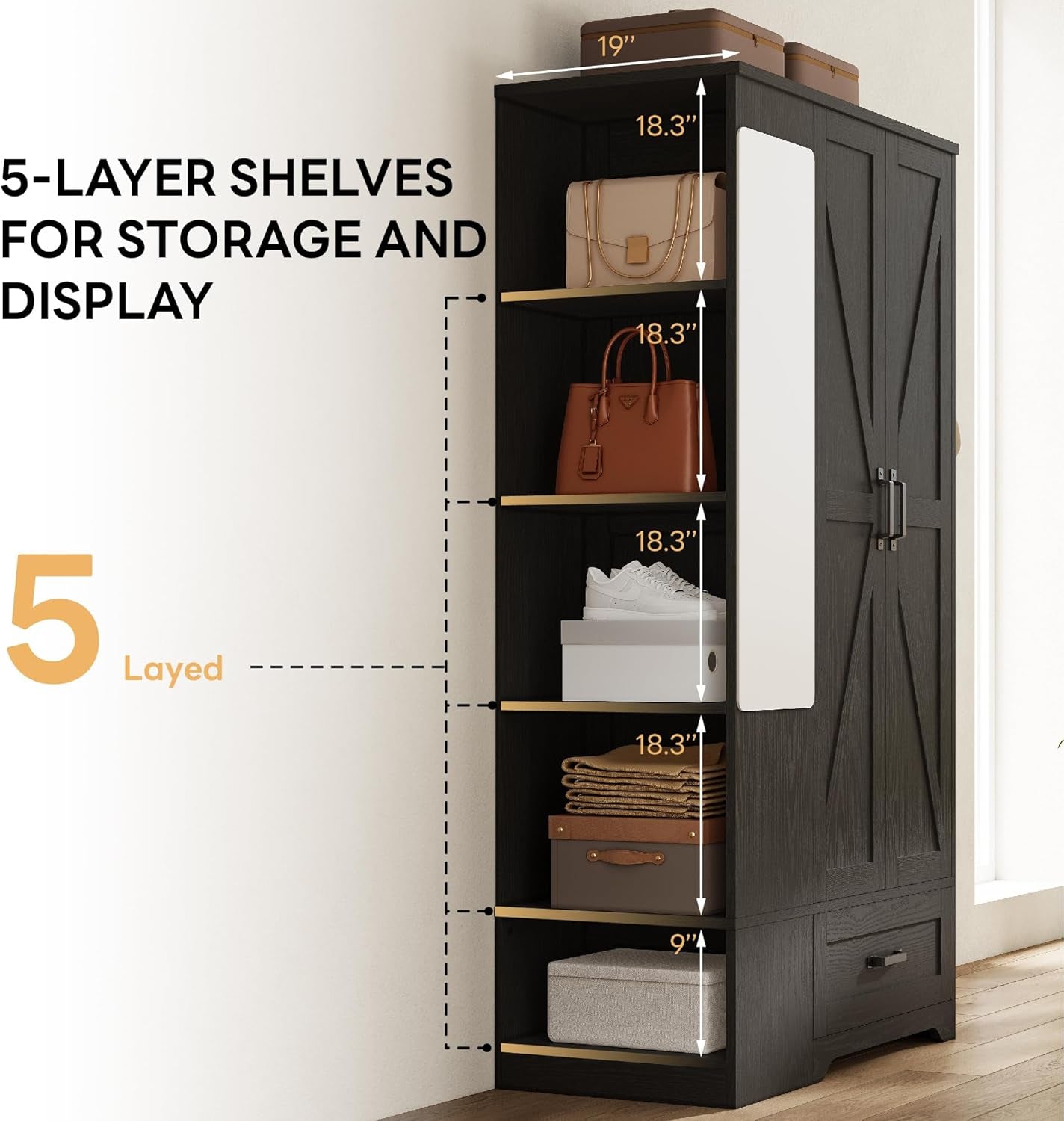 Armoire Wardrobe Closet 70 Inches, Large Storage with Mirror, 2 Doors, Drawer, and Shelves, Modern Bedroom Freestanding Wooden Wardrobe Combination with Hanging Rail, Black