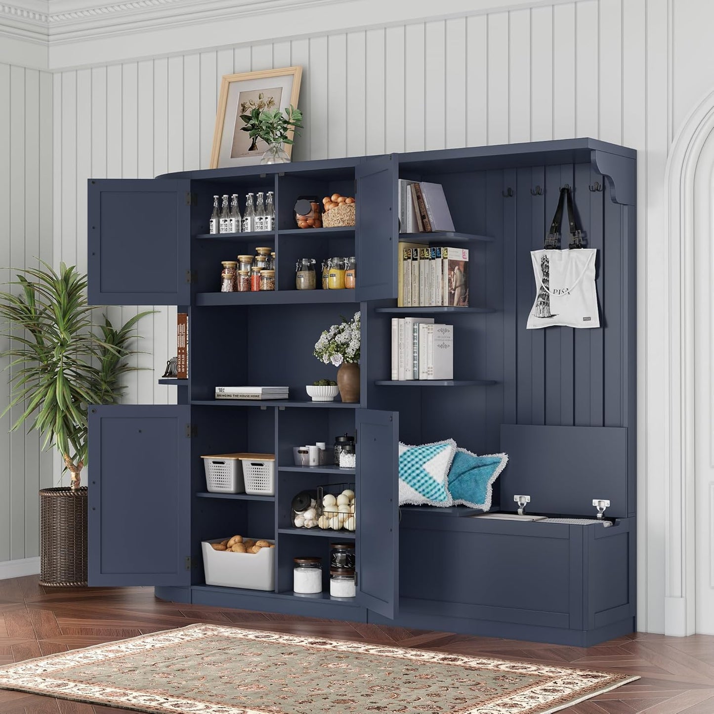 Hall Tree with Storage Cabinet, Hall Tree with 4 Hooks, Storage Cabinet for Living Room, Hallway, Enterway, Antique Blue
