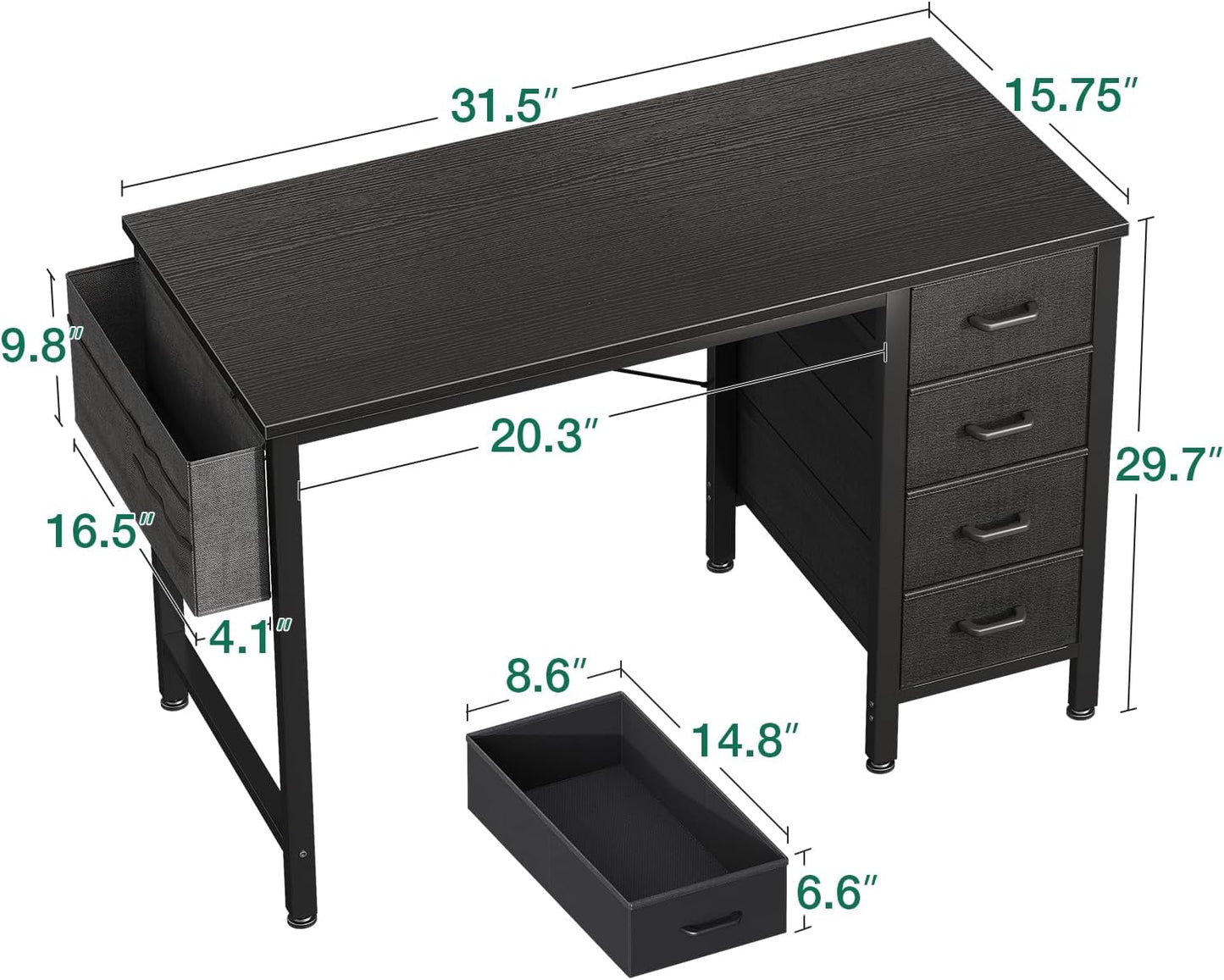 32-Inch Small Computer Desk with 4 Fabric Drawers — Home Office Desks with Storage, Writing Desk with Side Hook and Cloth Bag, Modern Study/Work Table for Bedroom and Small Space, Black