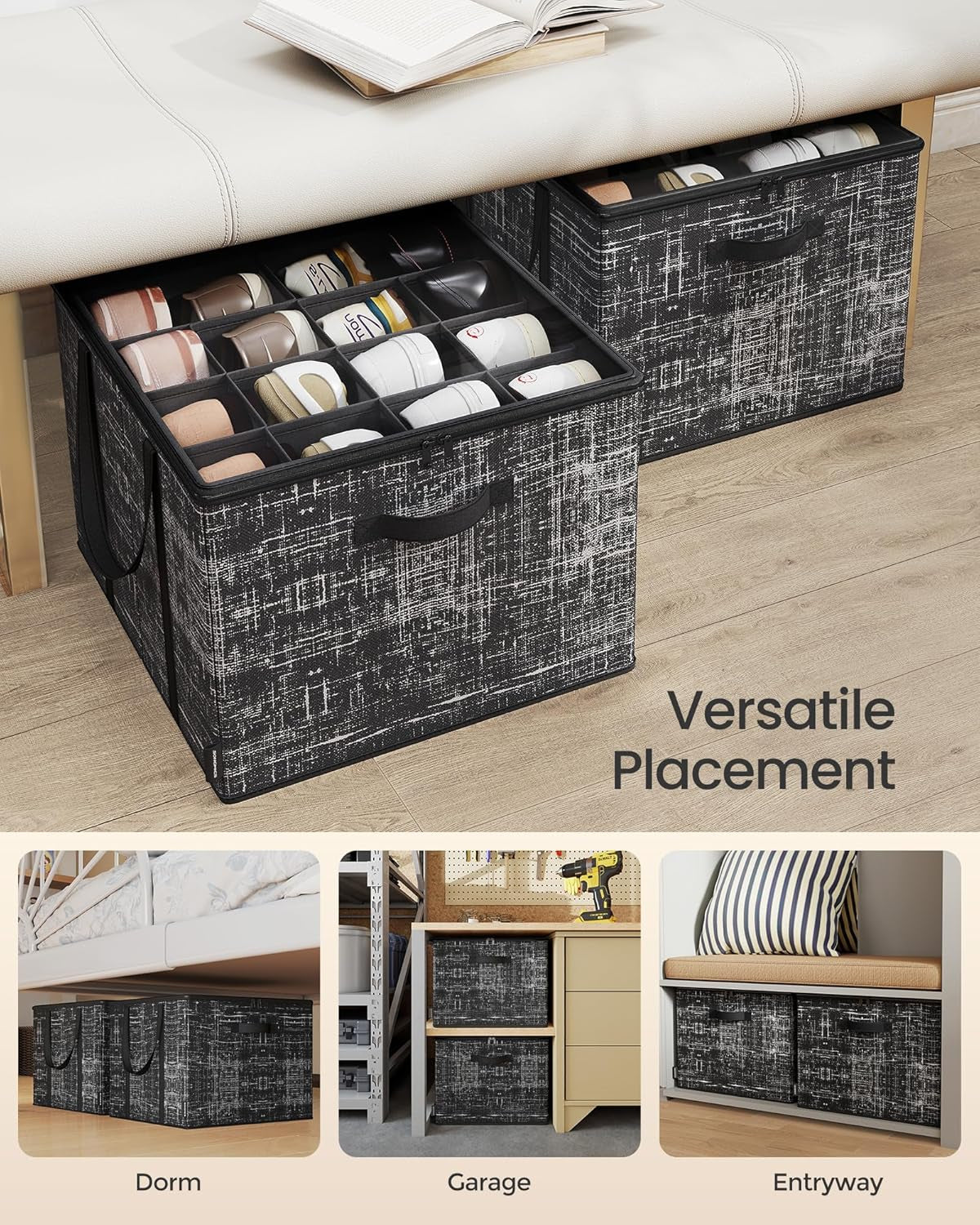 Shoe Organizer for Closet, Set of 2, Shoe Storage Box with Clear Lid, Foldable Fabric Bins, Holds 32 Pairs Total, Reinforced Handles, 16.5 X 16.5 X 12.5 Inches, Ink Black ULSP602B01