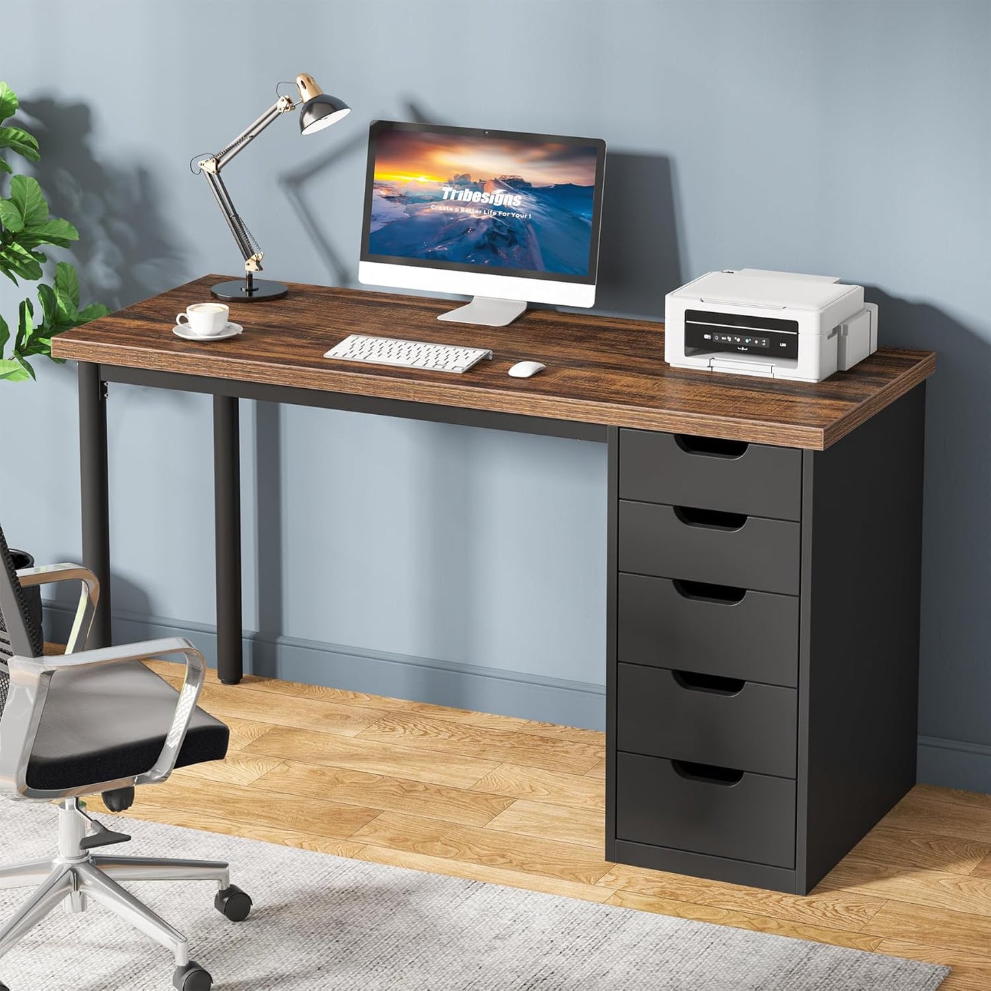 Computer Desk with 5 Drawers, 47 Inches Rustic Brown Home Office Desk with Storage, Modern Simple Laptop Desk Study Writing Table for Small Spaces (1, Brown+Black)