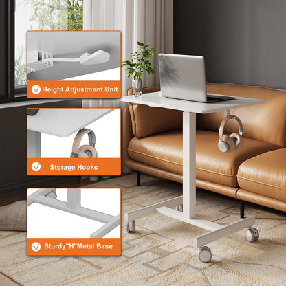 Mobile Small Standing Desk, Gas Spring Adjustable Height Rolling Portable Laptop Desk with Lockable Wheels, Computer Workstation, Rolling Podium (White, 17.8 * 25.5)