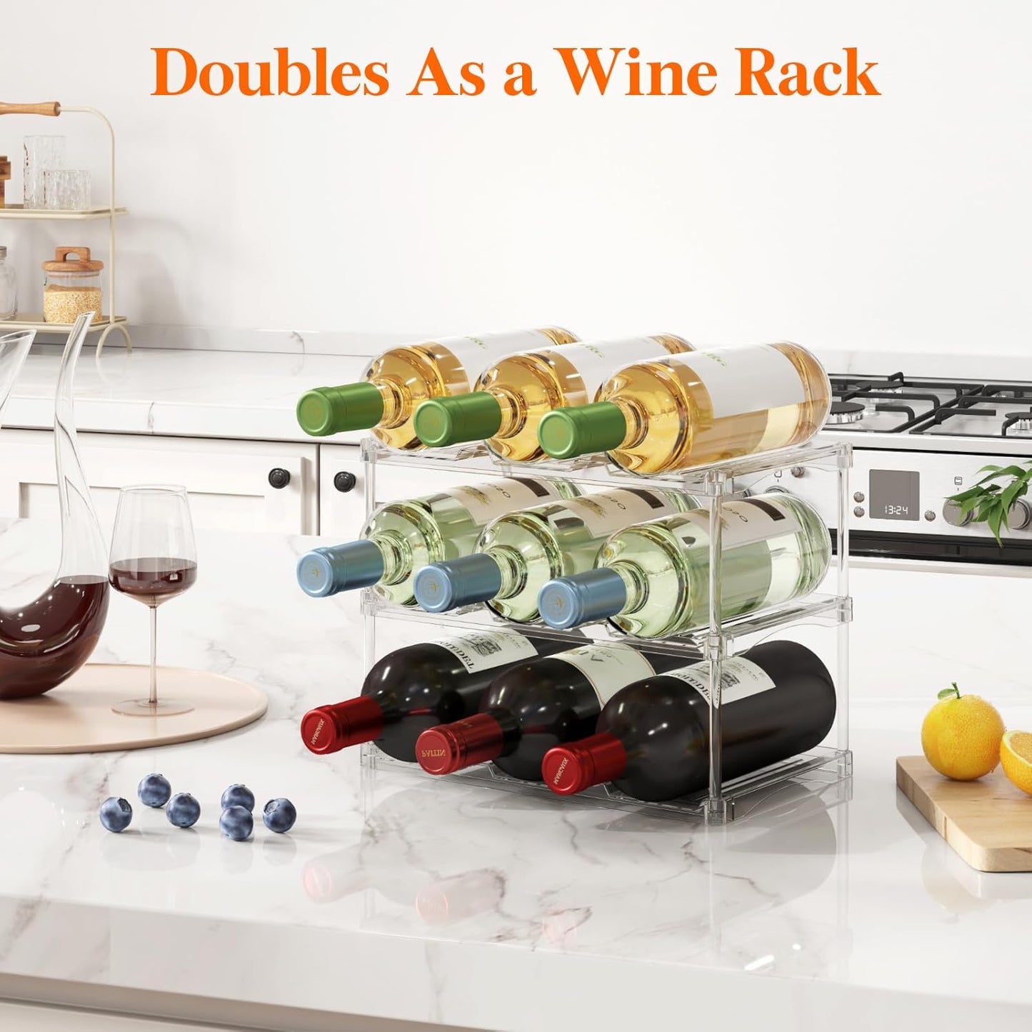 Stackable Water Bottle Storage Organizer, Clear Freestanding Wine Bottle Holder for Cabinet, Tumbler Cup Organizer, Plastic Large Compartment Wine Rack for Fridge Cellar, 3Tier Hold 9