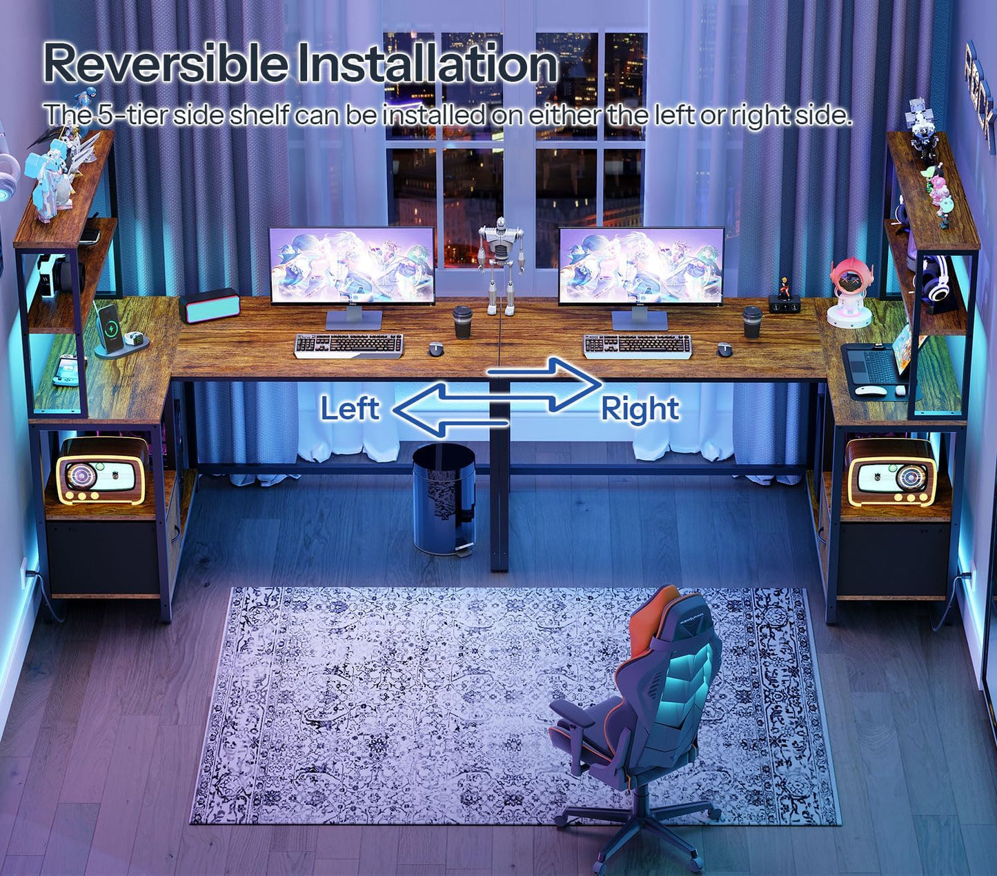 L Shaped Gaming Desk, 46 Inch Reversible Computer Desk with LED Light & Power Outlet, Office Desk with Storage Shelves & Drawer, for Home Office, Study, Rustic Brown and Black BF18UDDN01