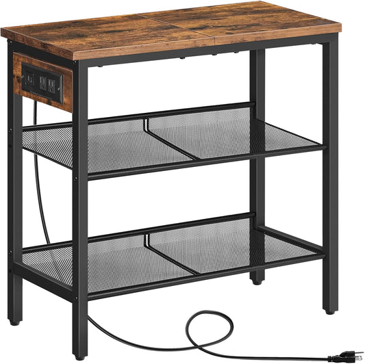 End Table, 3-Tier Narrow Side Table with Charging Station, Nightstand with 2 Flat or Slant Adjustable Shelves for Small Spaces, Living Room, Bedroom, Rustic Brown and Black BF23UBZ01G1