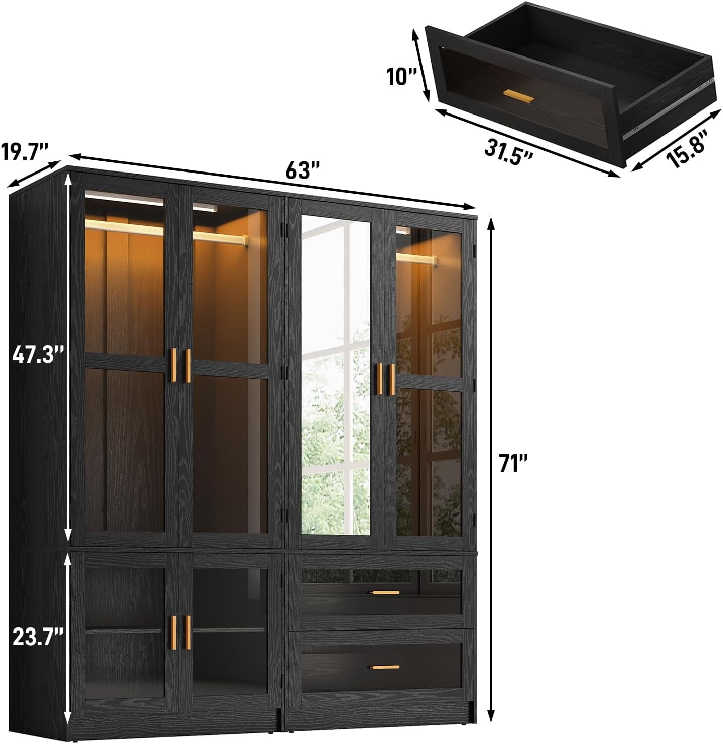 4 Doors Armoire Wardrobe Closet with LED and Mirror,71" H Freestanding Wooden Wardrobe Closet Cabinet for Bedroom W 2 Drawers,Wooden Clothing Storage Cabinet W Hanging Rod,Closets for Bedroom(Black)