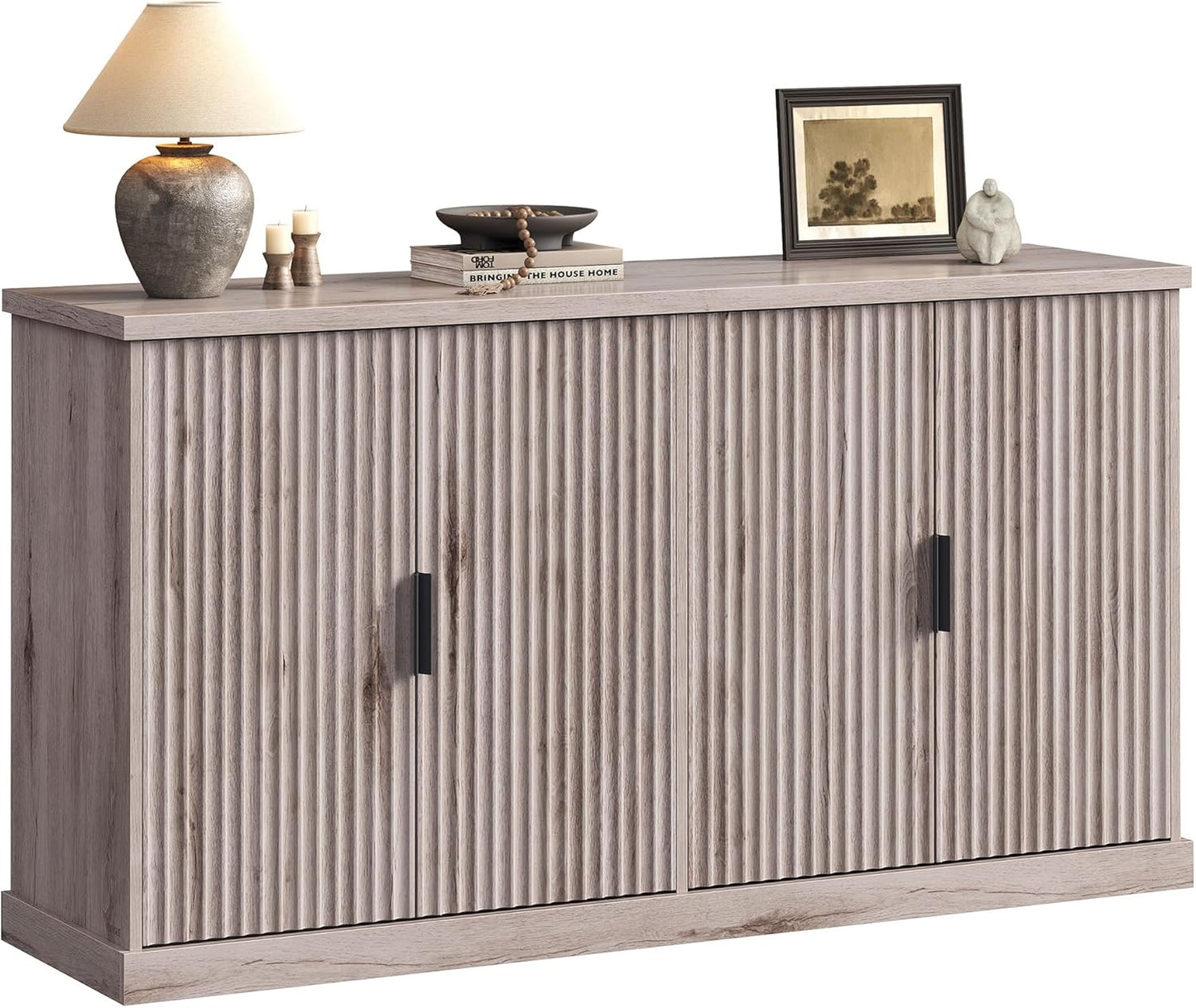 MAXE Collection - Transitional Buffet Cabinet, Console Cabinet, Sideboard with Adjustable Shelves, Fluted Doors, Buffet Table, Kitchen Pantry, Washed Gray UBBK382G01S